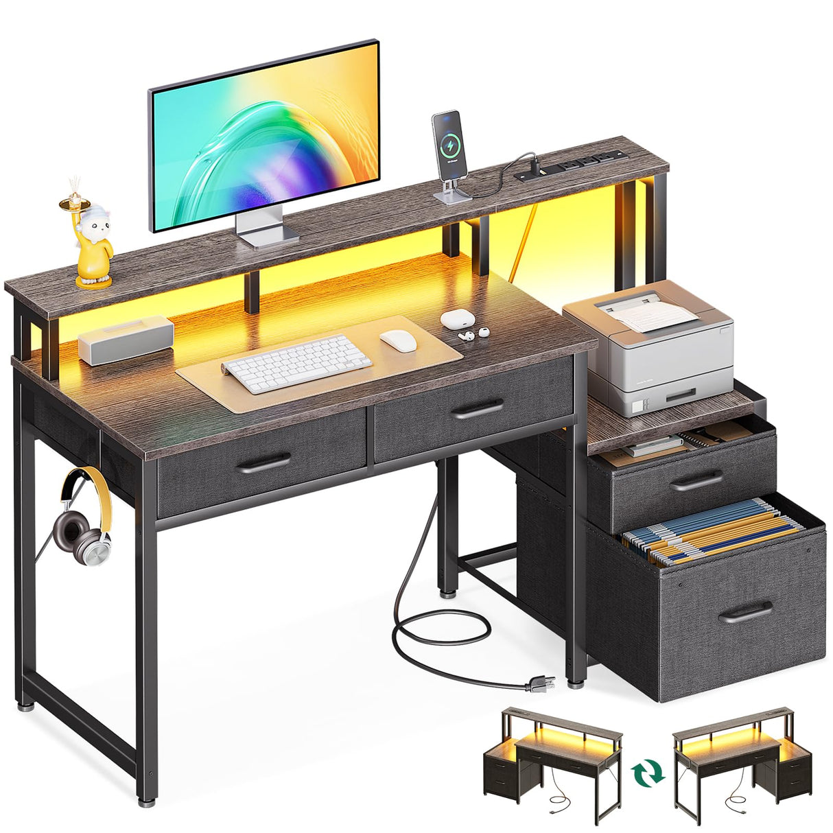 AODK 48-Inch Computer Desk with File Cabinet and Fabric Drawers, Reversible Office Desk with LED Strip and Power Strip, Gaming Desk with Monitor Riser, Writing/Study Table for Home, Oak Grey AODK