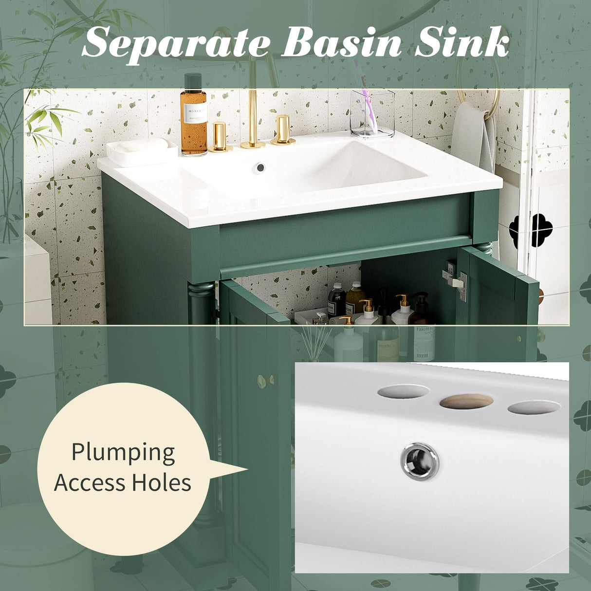 Virubi 24 Inch Bathroom Vanity with Single Sink Combo Set, Modern Bathroom Storage Cabinet with Double Soft Closing Doors, Solid Wood Frame Bathroom Vanities. Virubi