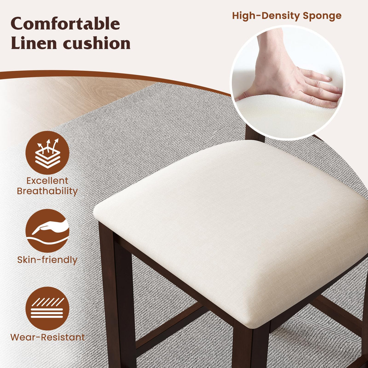 Giantex 24" Bar Stools Set of 4, Farmhouse Counter Height Barstools w/Footrest, Cross Back, Comfortable Linen Cushion, Upholstered Wood Bar Chairs for Kitchen Island Dining Room Cafe, Walnut & Beige Giantex