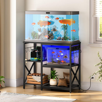 HOOBRO 20-29-37 Gallon Fish Tank Stand with Power Outlets and LED Light, Aquarium Stand with Storage Shelves, 35.4" L x 15.7" W, Reptile Tank Stand with Stable Metal Frame, Black BK80UDFT01