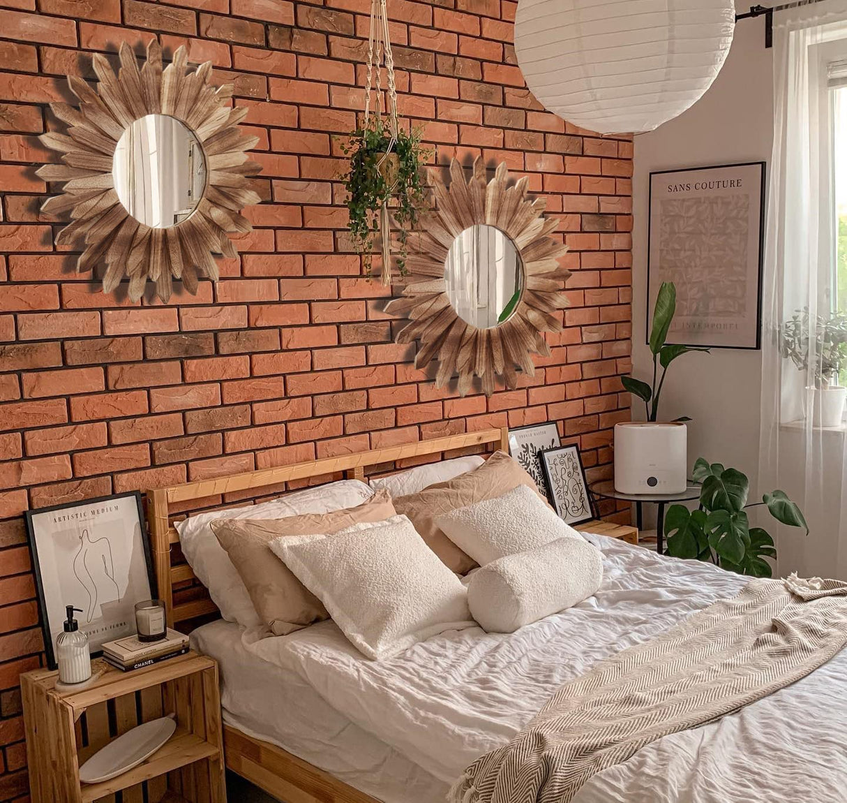 LOSOUR 2 Pack 22 Inch Boho Wall Sunburst Mirror Rustic Round Wood Decorative Mirror Boho Wall Art Decor for Entryway Bedroom Living Room LOSOUR