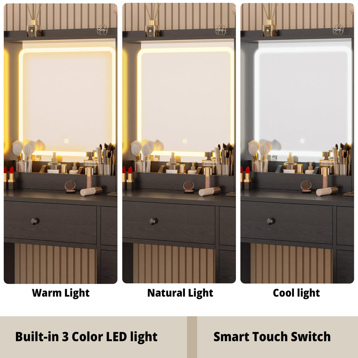 IRONCK Vanity Desk with LED Lights Mirror and Charging Station, Makeup Vanity Table with Jewelry Armoire, Storage Bench, and 11 Drawers,Black IRONCK