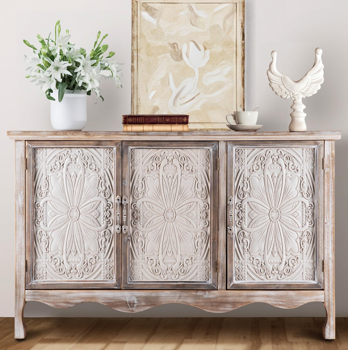 FansaFurn Accent Storage Cabinet with 3 Carved Doors and Shelves, Farmhouse Sideboard Buffet Sideboard with Storage, Wood Kitchen Cabinet for Living Room, Entryway, Dining Room and Kitchen, Wash Grey FansaFurn