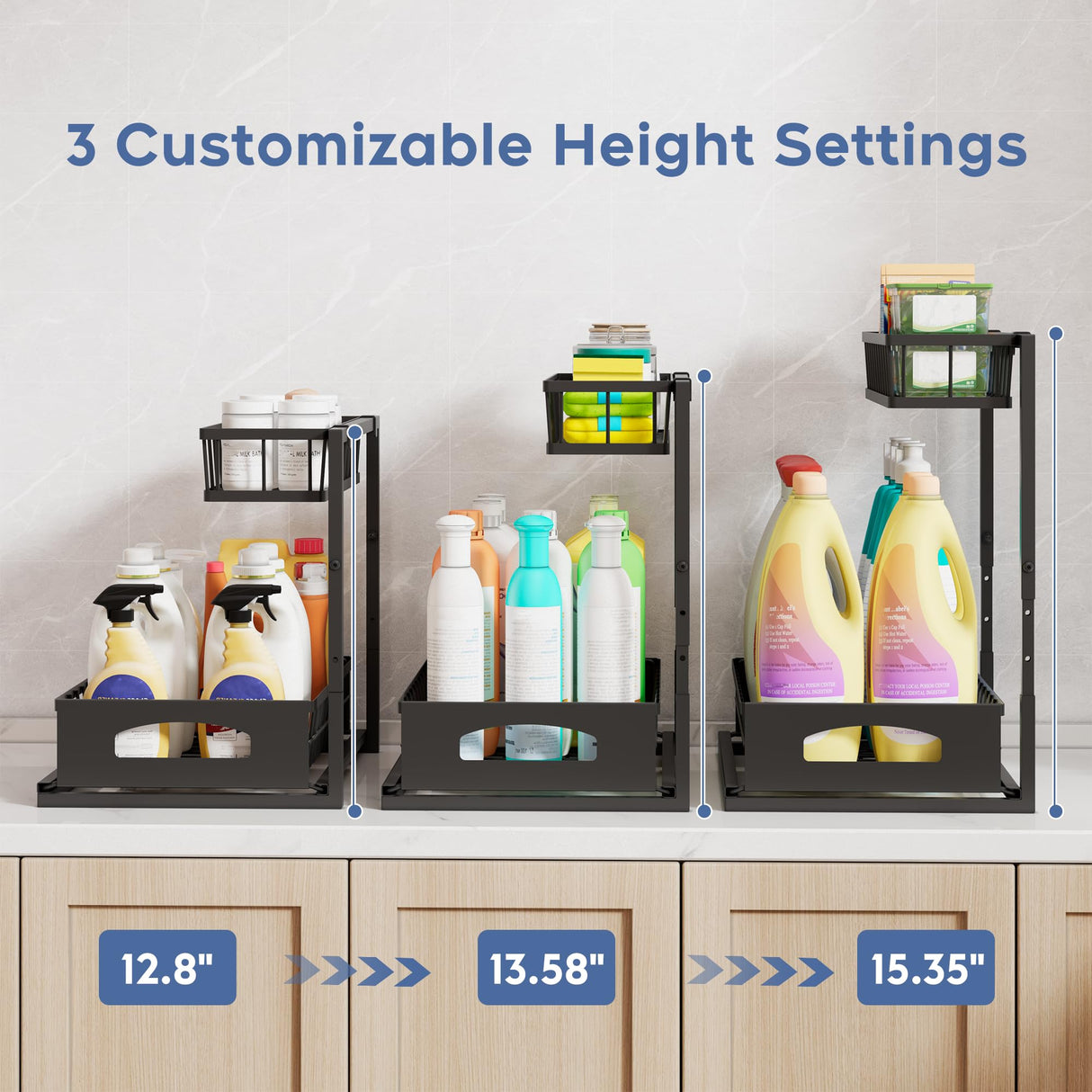 Under Sink Organizer , 2 Pack Height Adjustable Cabinet Organizer with Slide Out Drawer, Pull Out Under Sink Storage, Multi-Purpose 2 Tier Sink Shelves for Kitchen Bathroom Pantry (Black, 2 Pack) Fabutier