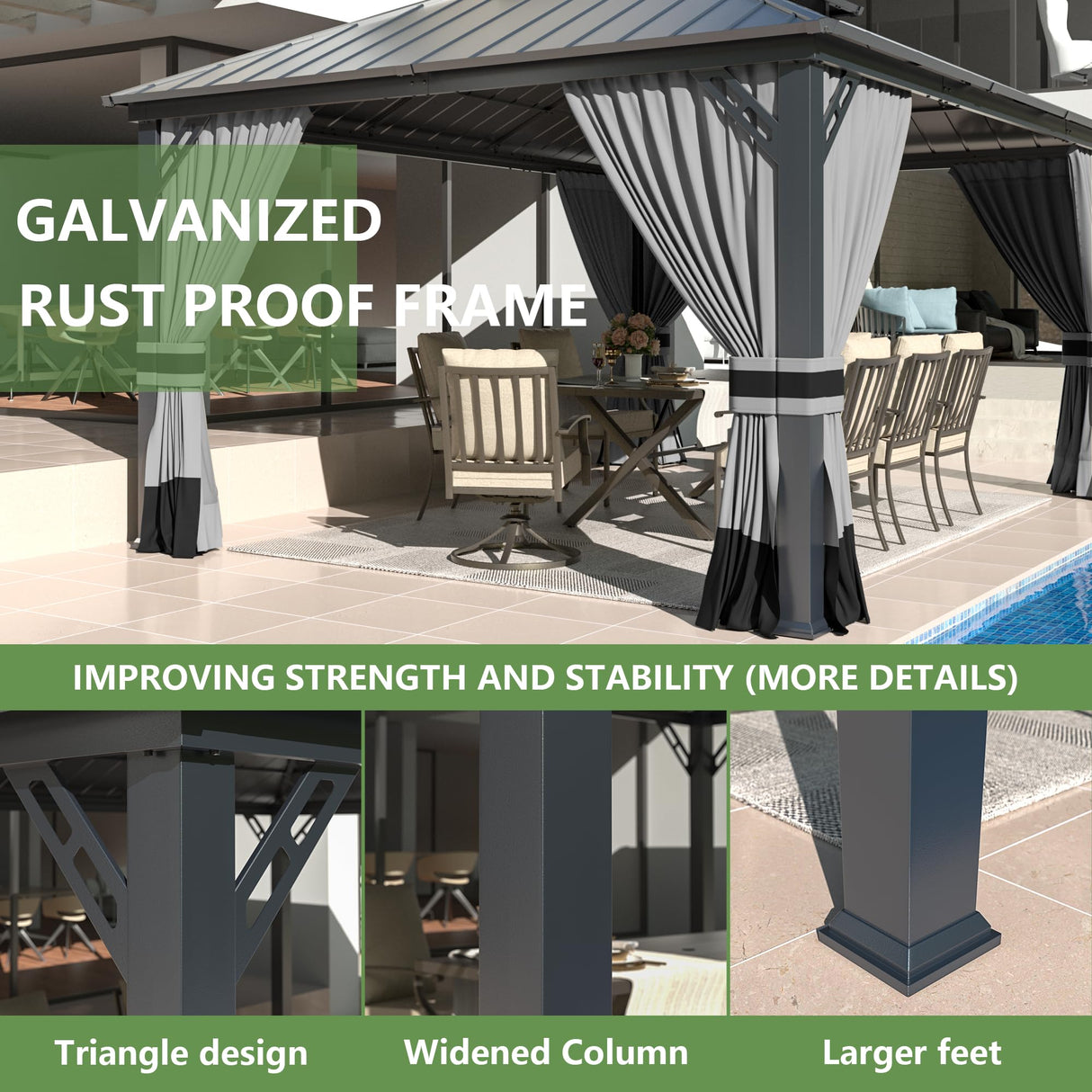 12' x 16' Hardtop Gazebo,Outdoor Galvanized Steel Metal Double Roof Gazebo with Curtains and Netting for Patios, Gardens, Lawns,Grey Kullavik