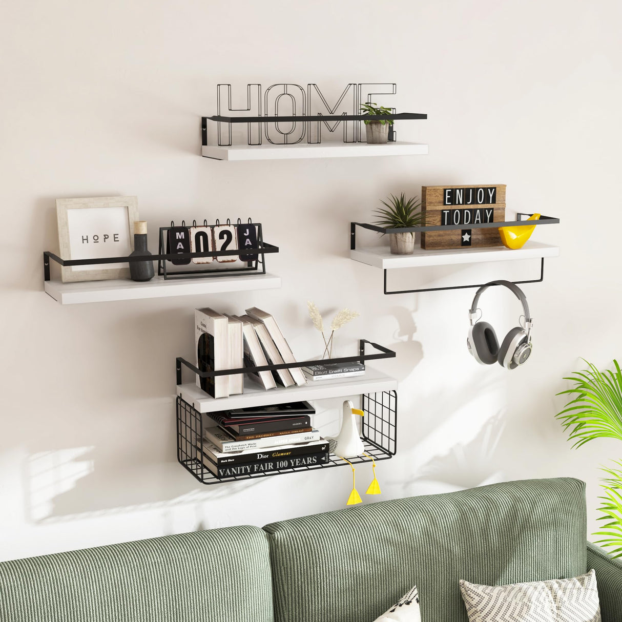 White Wood Floating Shelves Wall Mounted - 3+1 Tier Rustic Bathroom Wall Shelves Over Toilet with Wire Storage Basket and Towel Bar, set of 4 Farmhouse Floating Shelf for Bathroom, Kitchen, Bedroom. LUDORU