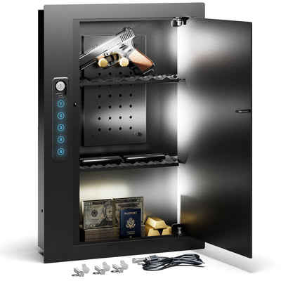 Grimtron Quick Access Wall Safe with Removable Pegboard & Shelfs, Flat Hidden Wall Safes Between The Studs 16" Centers, Black Wall Mount Safe for Valuables