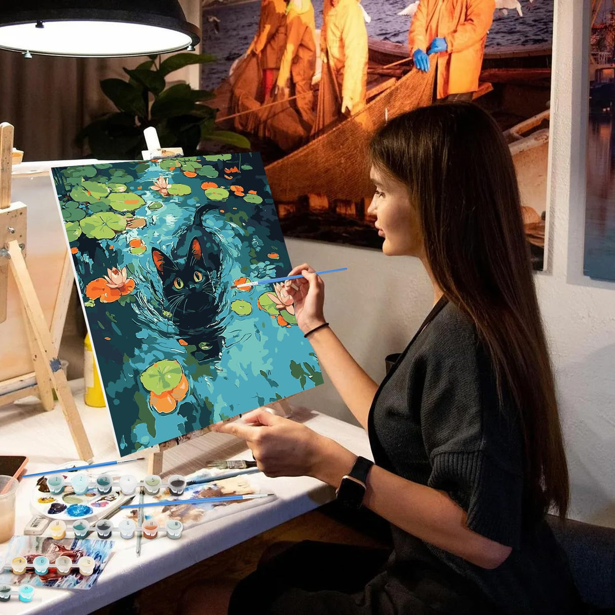 NEWENMO Black Cat Paint by Numbers Kit for Adults, Flowers Water Lilies Paint by Numbers on Canvas Unframed, DIY Oil Painting Perfect for Beginner, Craft, Hobbies and Home Wall Decor 16x16 in NEWENMO