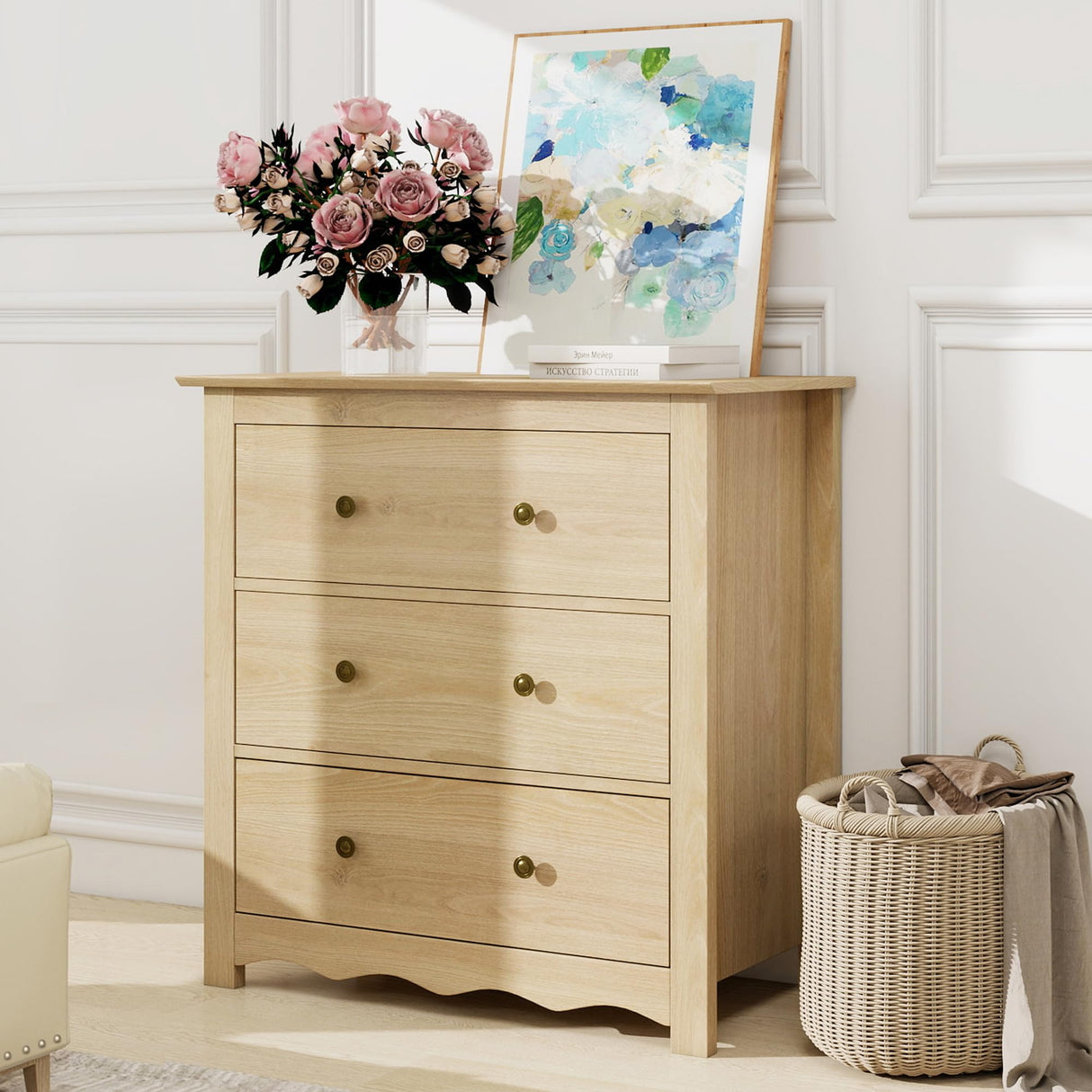 CHYMSUN Oversized 3 Drawer Dresser for Bedroom, Mid Century Modern Wooden Dressers Chest of Drawers with Handles, Waveform Nightstand Dresser, Storage Organizer for Bedroom, Living Room, Wood CHYMSUN