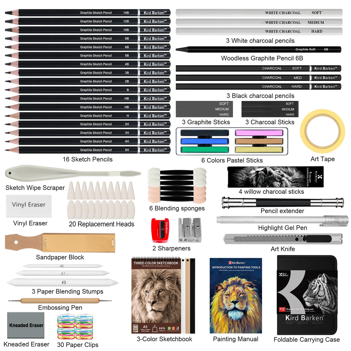 Kird Barken 112 PCS Professional Drawing Set Sketch Kit with 3-Color Sketchbook, Graphite & Charcoal Pencils,Sketching Supplies for Shading & Blending – Ideal for Artists, Adults, Teens & Beginners Kird Barken