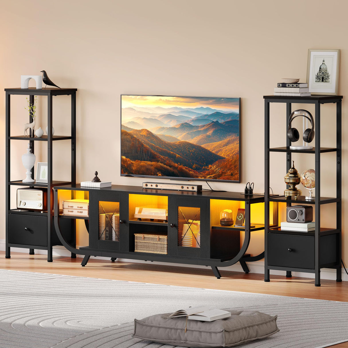 YITAHOME TV Stands for Living Room, LED TV Stand for 65 inch TV Entertainment Center with 2 Bookshelves, Modern Farmhouse TV Console Cabinet with Power Outlets, Black YITAHOME