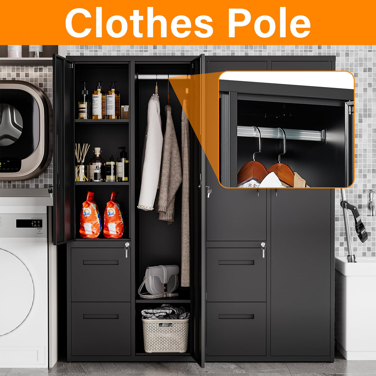 Anxxsu Metal Storage Cabinets Locker, 67" Locker with Clothes Rod, Lockable Freestanding Wardrobe for Office, Home, School, Laundry Room, Gym (Black) Anxxsu