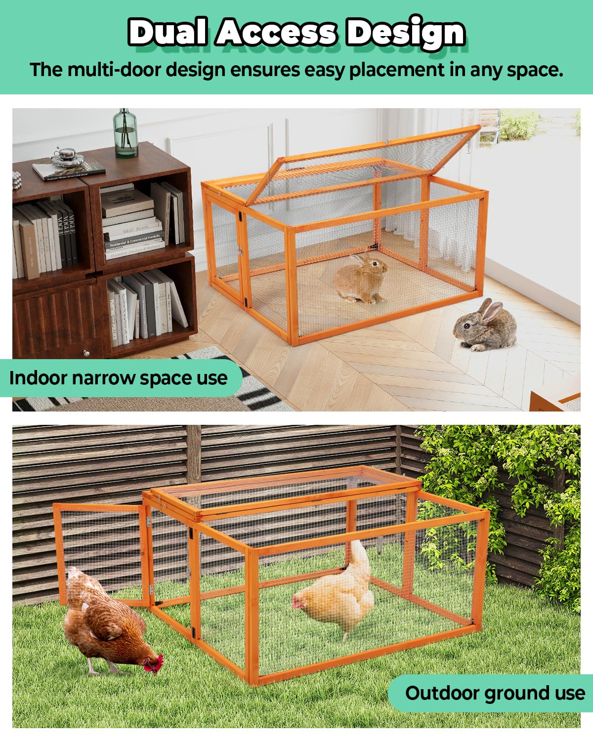 Nyeekoy Portable Chicken Coop Run, Chicken Brooder Box, Foldable Chicken House with Handle, Wooden Chicken Cage with Top & Side Opening Doors, Rabbit Hutch Outdoor Indoor Orange-45 L Nyeekoy