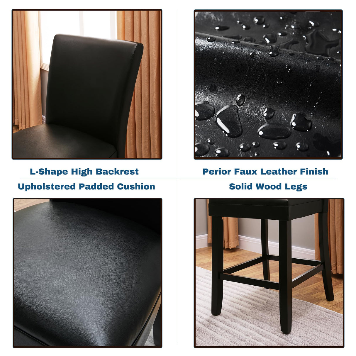 PADMA HOUSE Round Glass Pub Dining Set for 4, 45in Round Wood Modern Glass Counter Height Bar Table with 4 PU Leather Pub Stools 5 Piece Bistro Dining Table Chairs Set, Clear&Black PADMA HOUSE