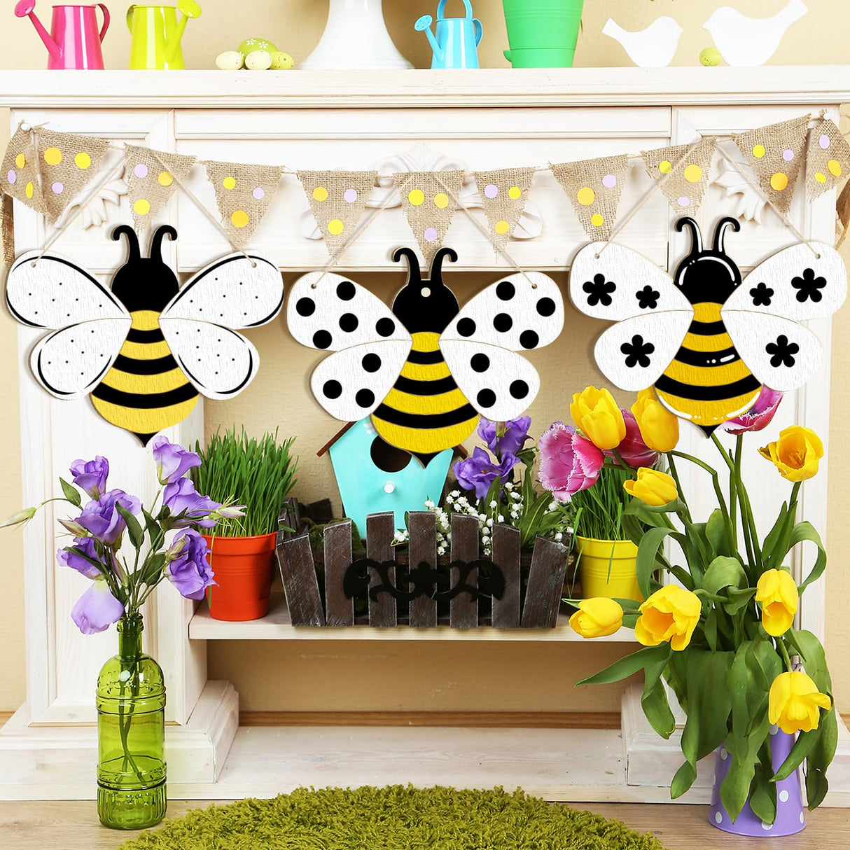 Large Size 12" Wooden Spring Ornaments to Paint, Bee Wooden DIY Blank Unfinished Round Wood Discs Ornament for Crafts Hanging Decorations(3PCS) Sophena