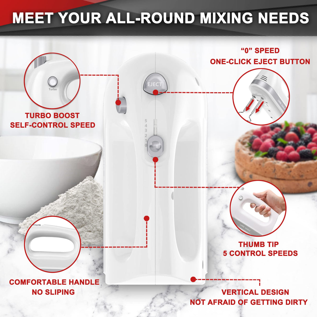 Lord Eagle Hand Mixer Electric 400W, 5 Speed handheld Mixer, 5 Stainless Steel Accessories for Baking Cake Egg Cream Food Beater, Turbo Boost/Self-Control Speed + Eject Button (White) Lord Eagle