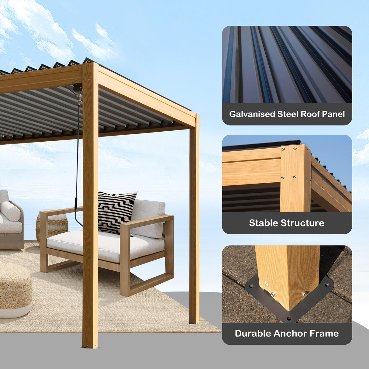 SHPAI 10’ x 20’ Louvered Pergola, Outdoor Pergola Aluminum Frame with Adjustable Rainproof Metal Roof, Permanent Sun Shade with Drainage System for Backyard, Garden and Lawn (Wooden Grain) SHPAI