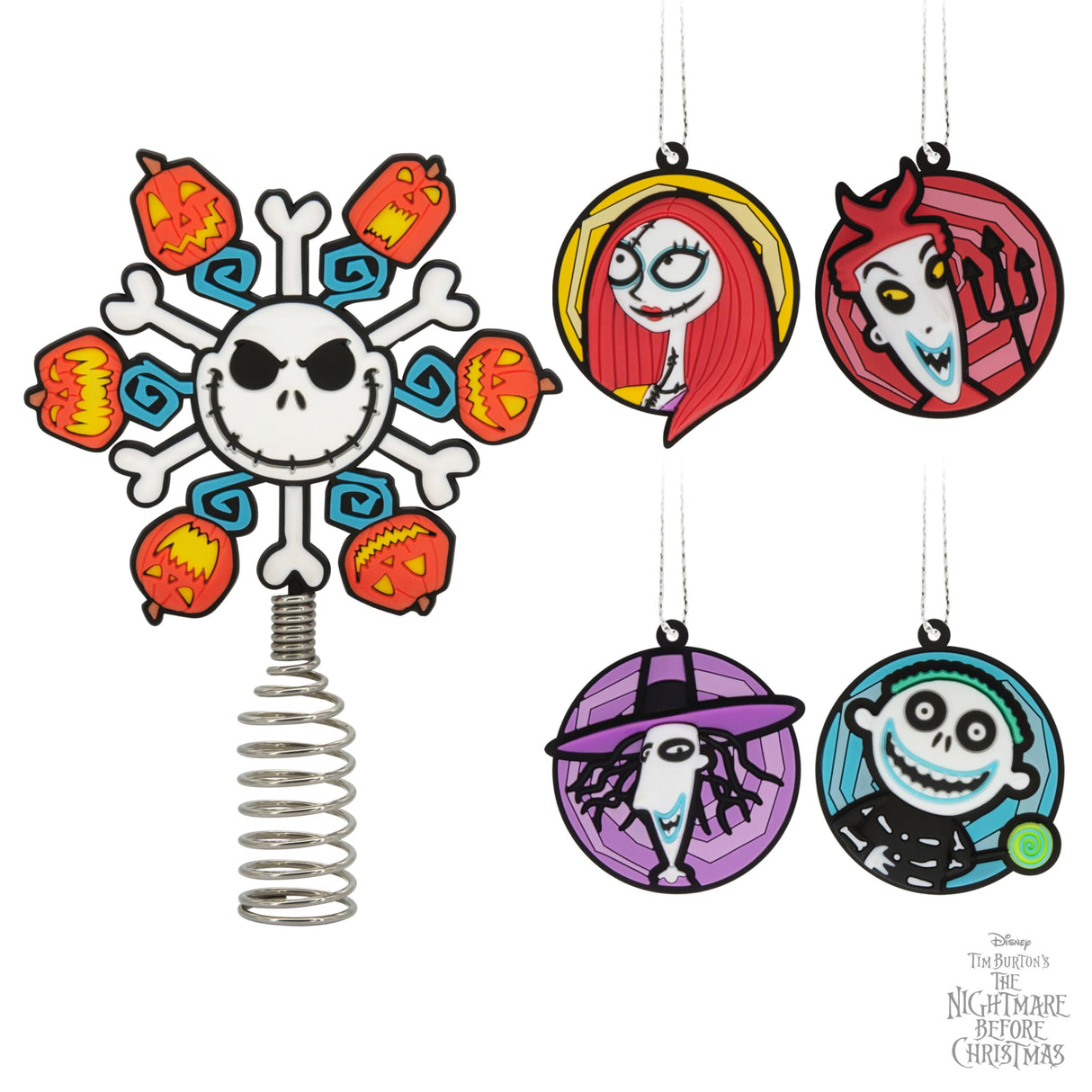 Hallmark Disney Tim Burton's Nightmare Before Christmas 5" Miniature Christmas Tree Topper and Mini Ornaments, Set of 5, Shatterproof Hallmark