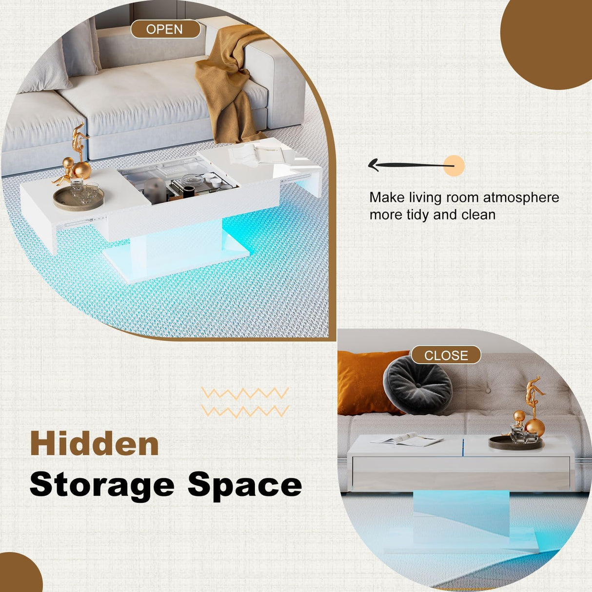 HedoAjim White LED Coffee Table with Storage for Living Room, Living Room Table Rectangular Center Table, Modern High Glossy Wooden Coffee Tables with 16 Colors LED Lights for Dining Reception Room HedoAjim