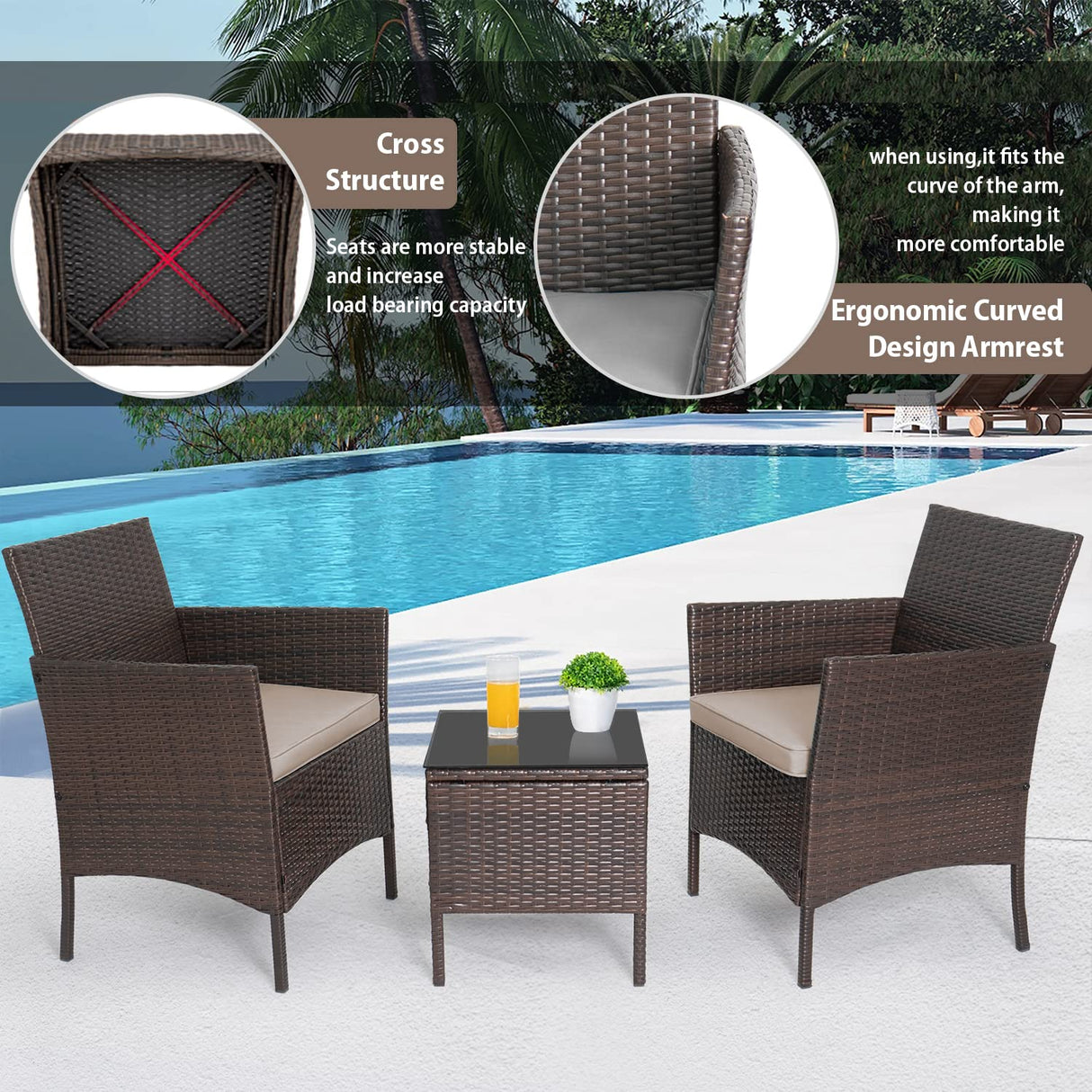 PayLessHere 3-Piece Outdoor Wicker Conversation Bistro Set Outdoor Patio Porch Furniture Sets for Yard, Garden with 2 PE Rattan Wicker Chairs, 2 Cushions,1 coffee table (Khaki) PayLessHere