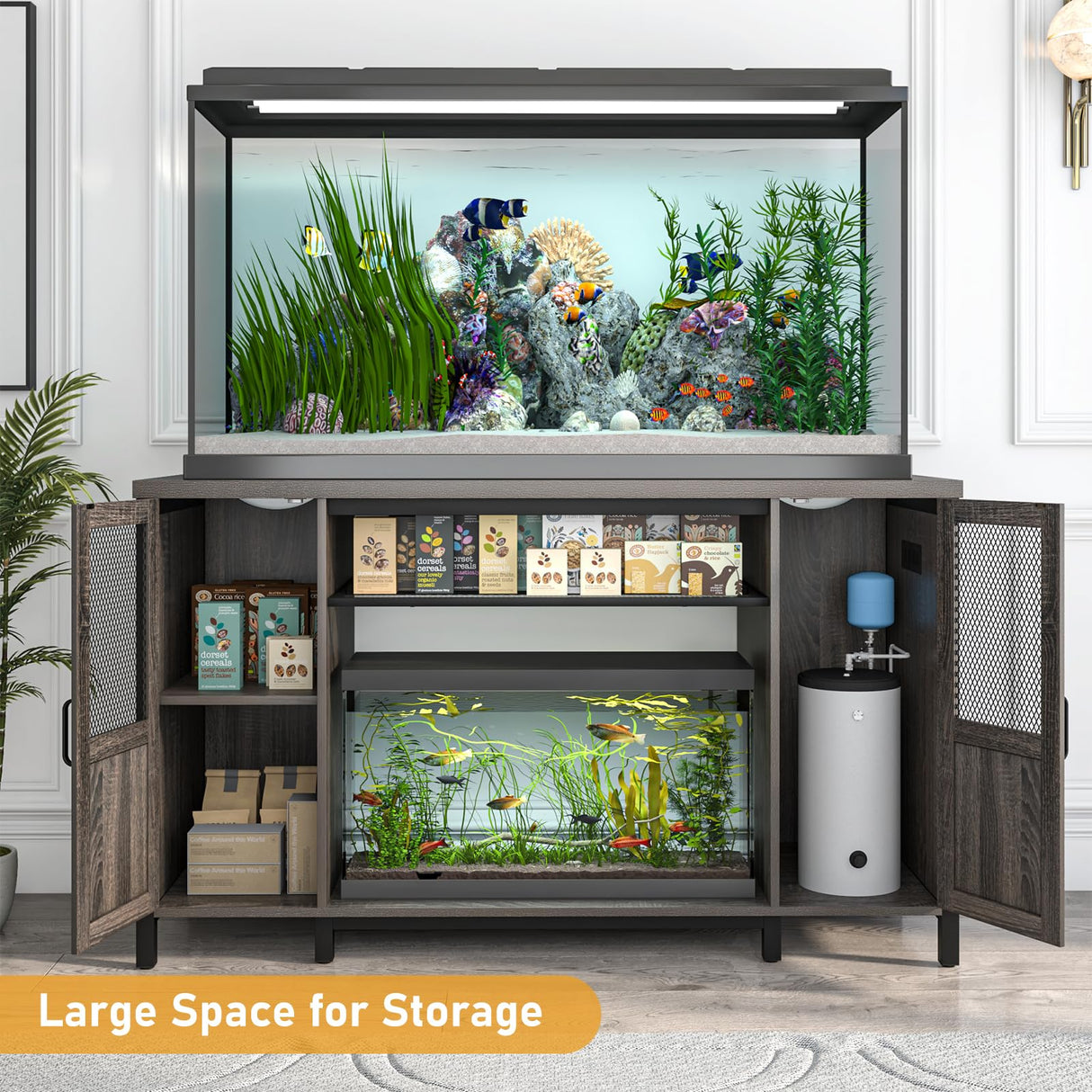 Hlivelood 55-75 Gallon Fish Tank Stand with Power Outlet&LED Lights, Heavy Duty Metal Aquarium Stand for 2 Fish Tank Accessories Storage, Suit for Turtle Tank, Reptile Terrarium, 880lbs Capacity, Grey Hlivelood