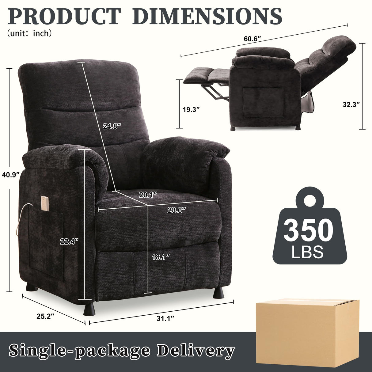 Veemuaro Electric Recliner Chair, Power Recliner Sofa with Remote, Adjustable Backrest and Side Pocket, 7-Zone Support, 350 LBS, Soft Chenille Fabric Armchair for Living Room Bedroom, Black Veemuaro