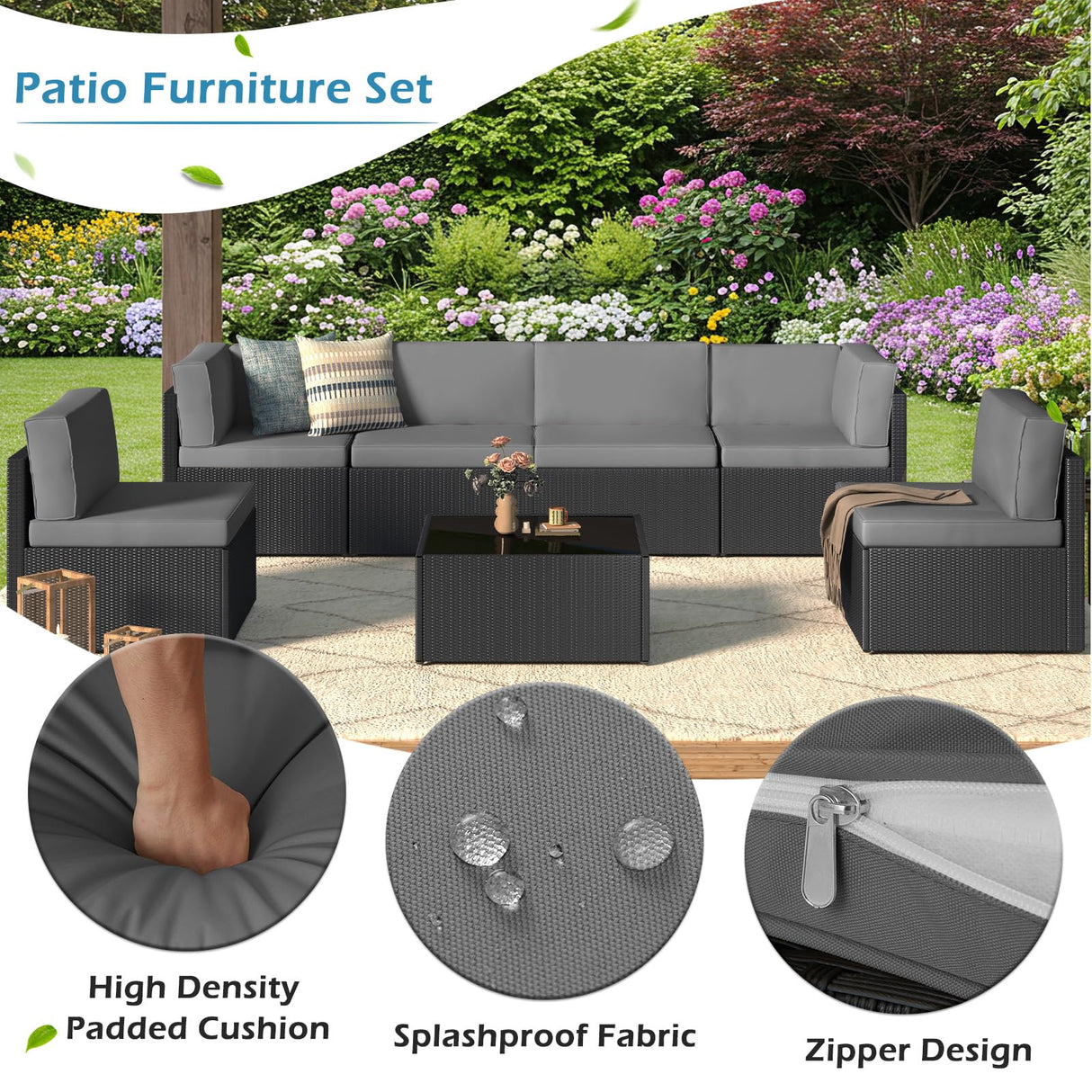 U-MAX 7 Piece Outdoor Patio Furniture Set with 30 Inch Fire Pit Table, PE Rattan Wicker Sofa Set, Outdoor Sectional Furniture Chair Set with Cushions and Tea Table, Black Rattan&Dark Grey Cushion U-MAX