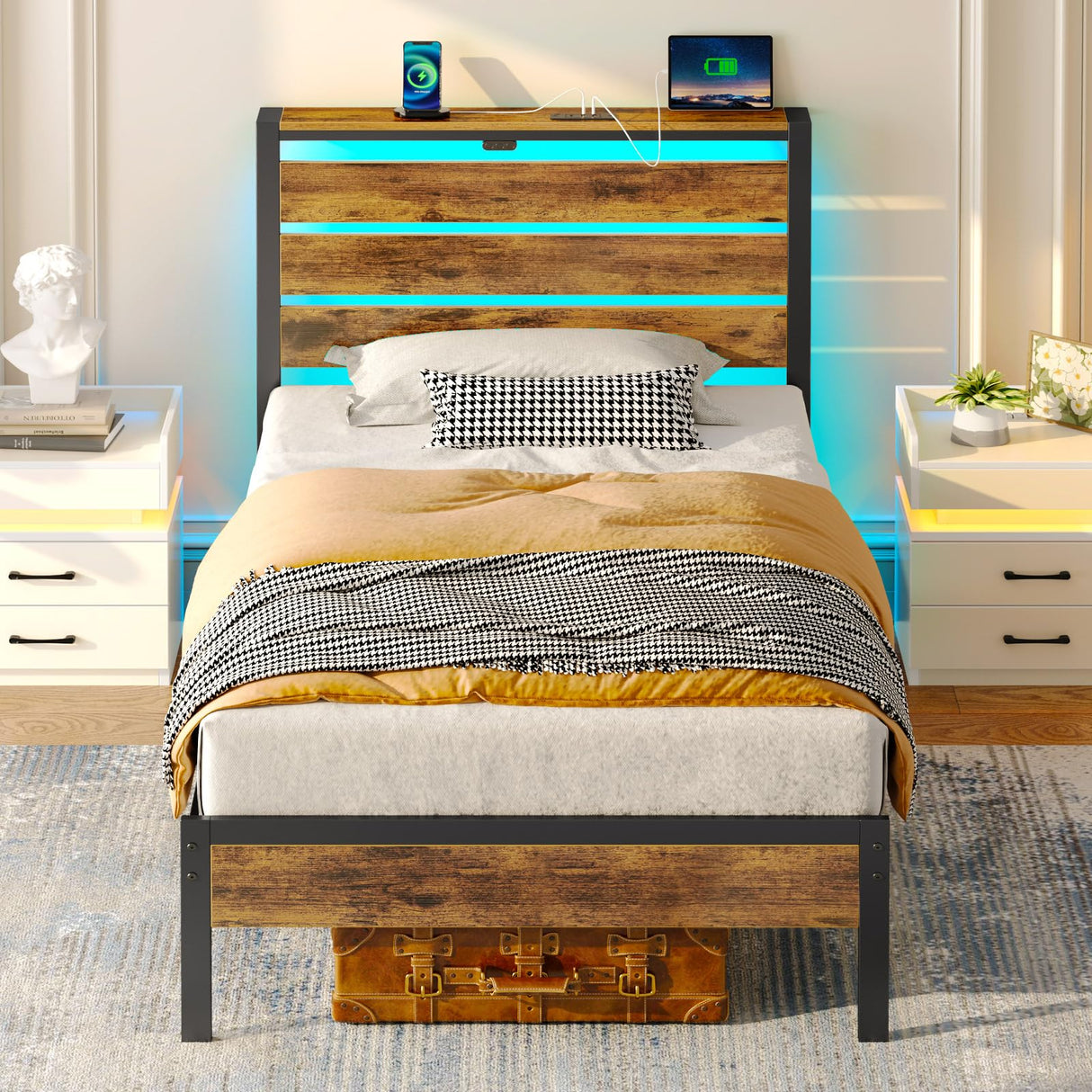 Rolanstar Bed Frame Twin Size with USB Charging Station, LED Bed Frame with Wood Storage Headboard, Rustic Brown Metal Platform Bed with Under Bed Storage, No Box Spring Needed, Noise Free Rolanstar