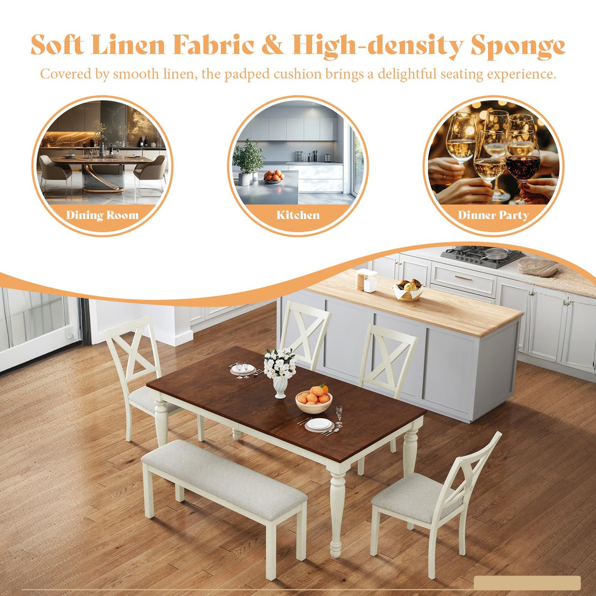 AMERLIFE 6-Piece Farmhouse Dining Table Set with 4 Upholstered Chairs and Bench, 71” Solid Wood Table, Seating for 6, for Dining Room or Kitchen, Rustic White & Walnut Finish AMERLIFE