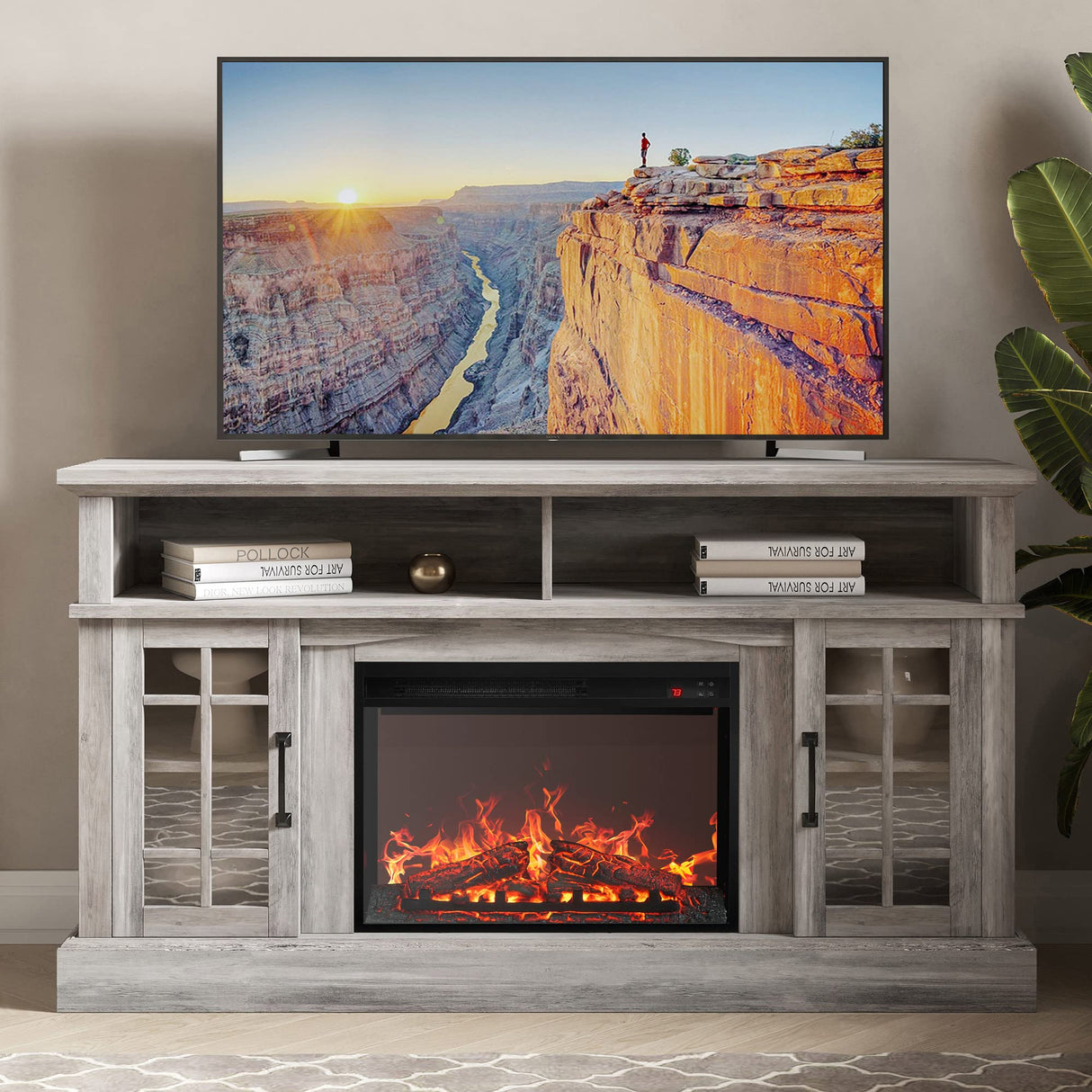 BELLEZE Traditional 58" Rustic TV Stand with 23" Electric Fireplace Heater with Sound, Media Entertainment Center Console Table for TV up to 65" with Open Storage Shelves and Cabinets - Grey Wash BELLEZE