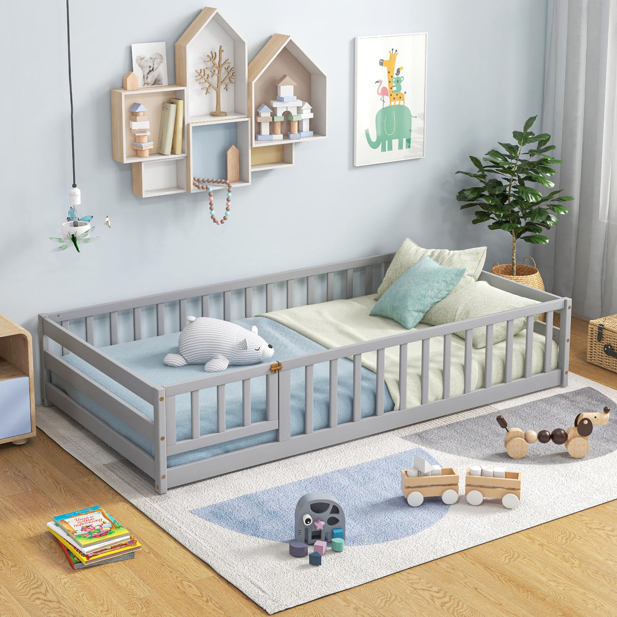 Giantex Twin Floor Bed with Door & Fence, Kids Wood Montessori Bed with Safety Guardrails, Floor Bed Frame for Kids, Boys, Girls, No Box Spring Needed, Floor Bed Twin (Grey) Giantex