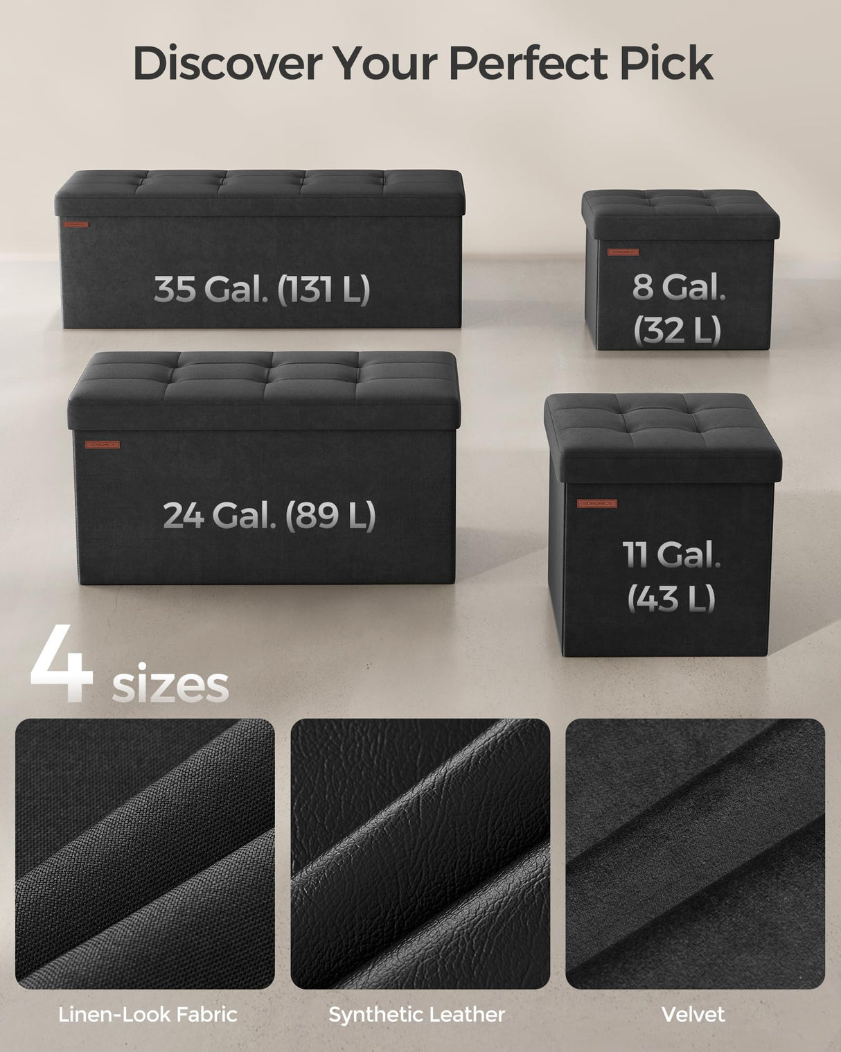 SONGMICS Storage Ottoman, Foldable Small Ottoman Foot Rest, 12.2 x 16.1 Inches Foot Stool, Load up to 286 lb, for Living Room, Bedroom, Dorm, Ink Black ULSF200B01 SONGMICS