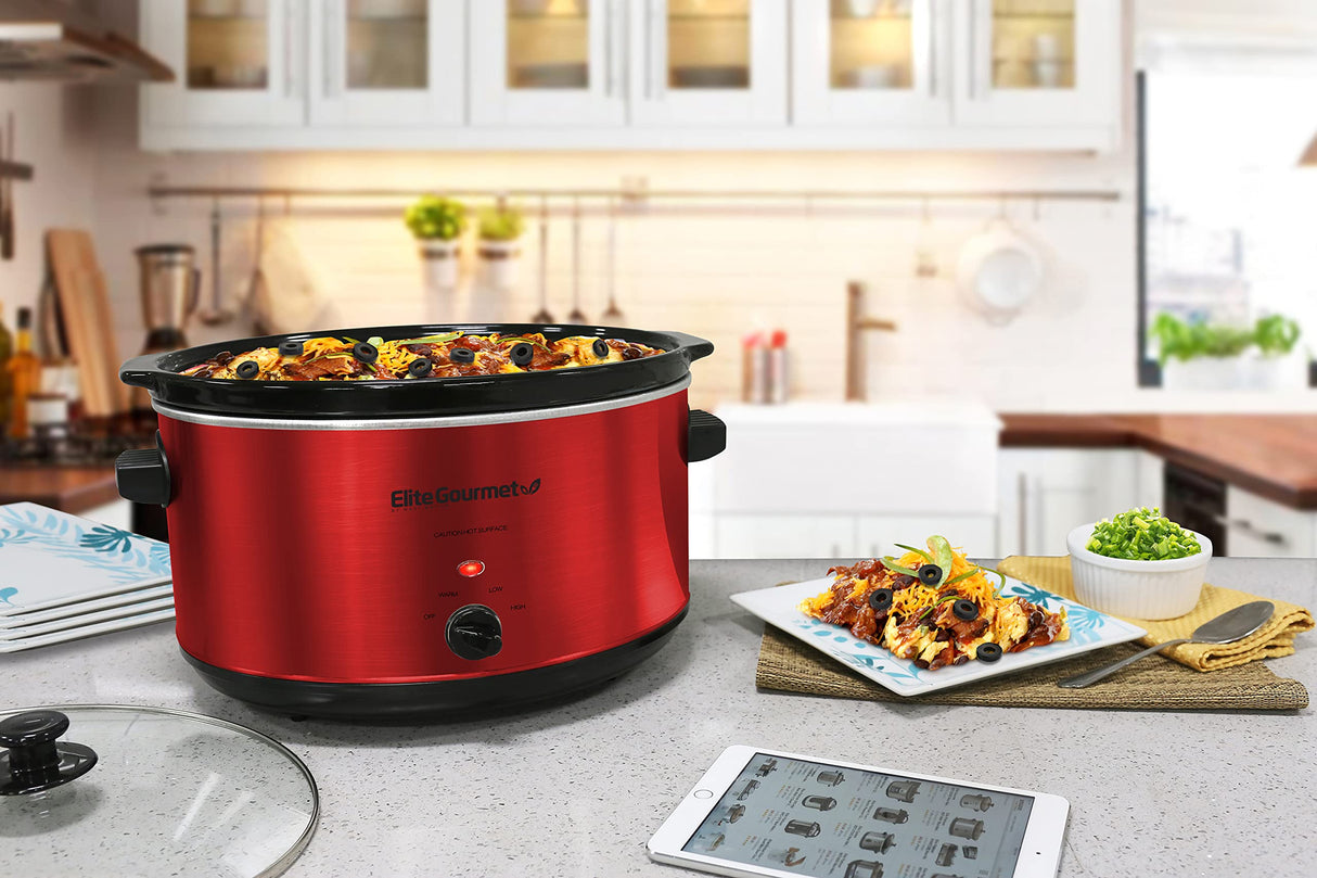Elite Gourmet MST-900RXT# Electric Ceramic XL Jumbo Slow Cooker, Adjustable Temp, Entrees, Sauces, Stews & Dips, Dishwasher Safe Glass Lid & Crock, 8.5Qt, MetallicRed Elite Gourmet