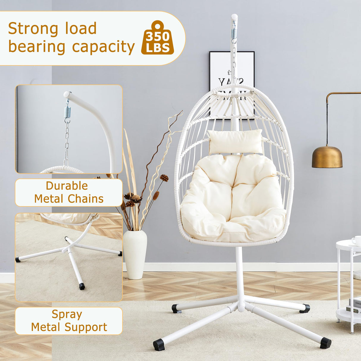 Hanging Egg Chair with Stand, Outdoor Swing Chair with Cushion and Headrest, Rattan Hammock Egg Chair for Backyard, Balcony, Indoor, 300lbs Capacity, White JEARGE