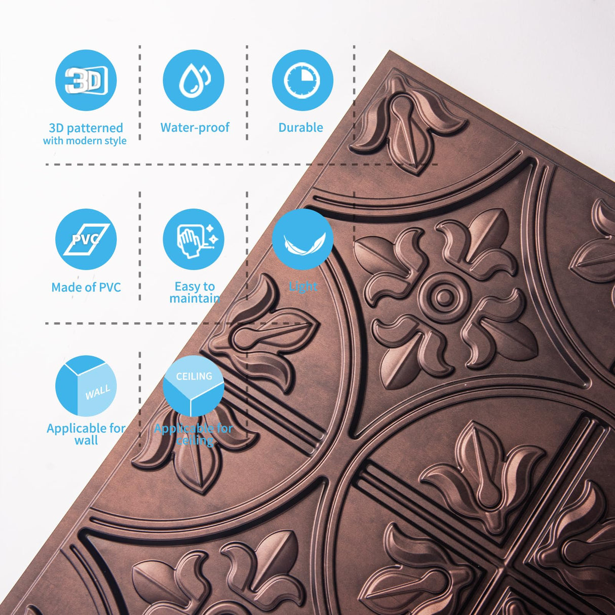 Art3d Drop Ceiling Tiles 2x2, Glue-up Ceiling Panel, Fancy Classic Style, Antique Copper Art3d