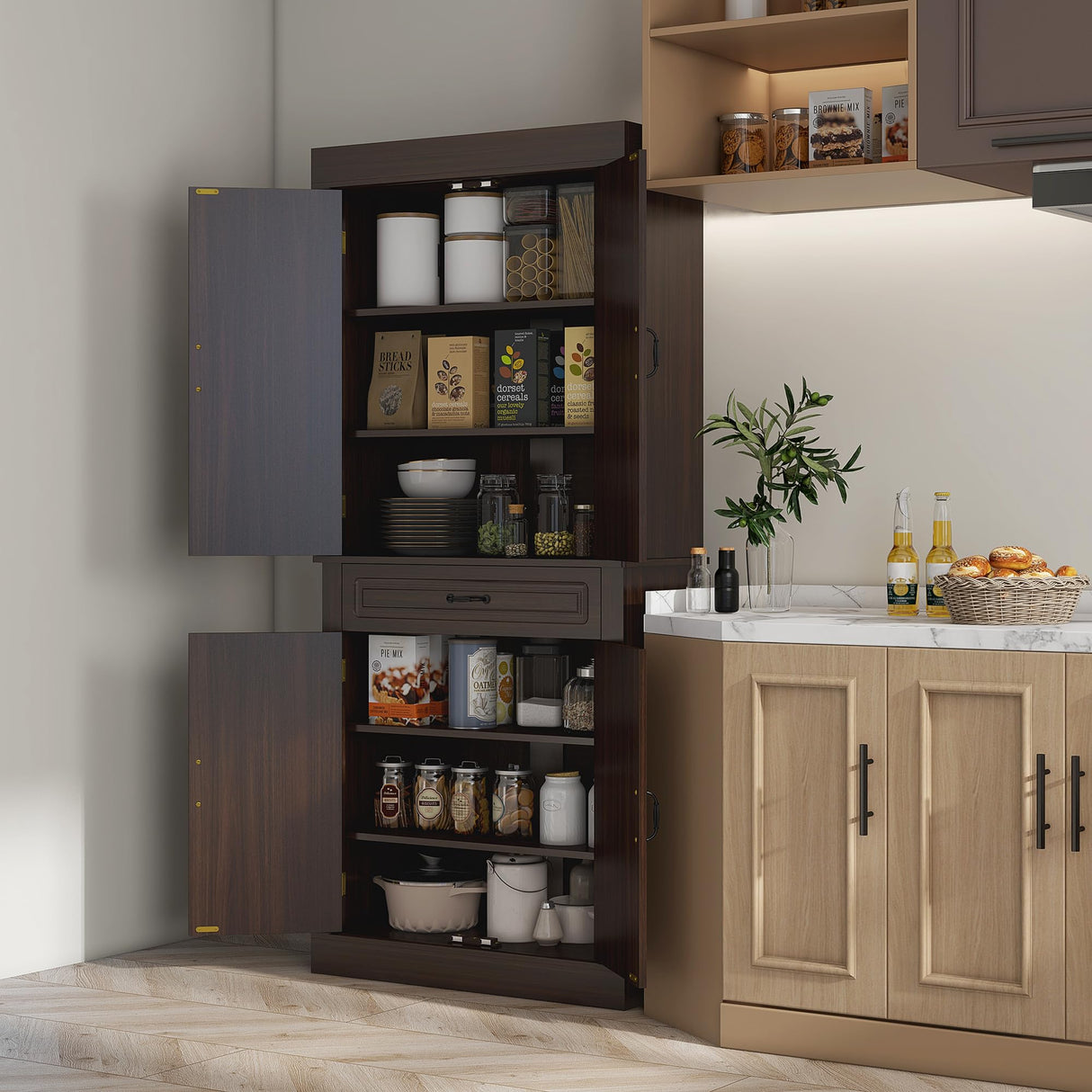 HOMCOM 71" Freestanding Kitchen Pantry Cabinet, Tall Storage Cabinet with 4 Doors and Drawer for Dining Room, Coffee HOMCOM
