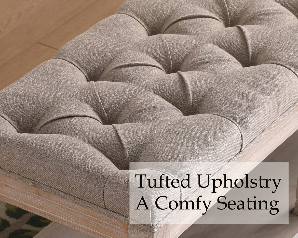 Janoray Farmhouse Storage Bench Wooden Entryway Upholstered Tufted Ottoman Bench for Bedroom End of Bed Hallway Organizer, Beige Janoray