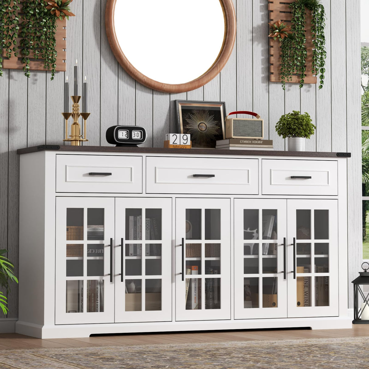 Buffet Cabinet with Storage, 63" Large Sideboard Cabinet with 3 Drawers & 5 Glass Doors, Modern Farmhouse Kitchen Cabinets Buffet Table with Adjustable Shelf, Coffee Bar Cabinets for Living Room Gyfimoie