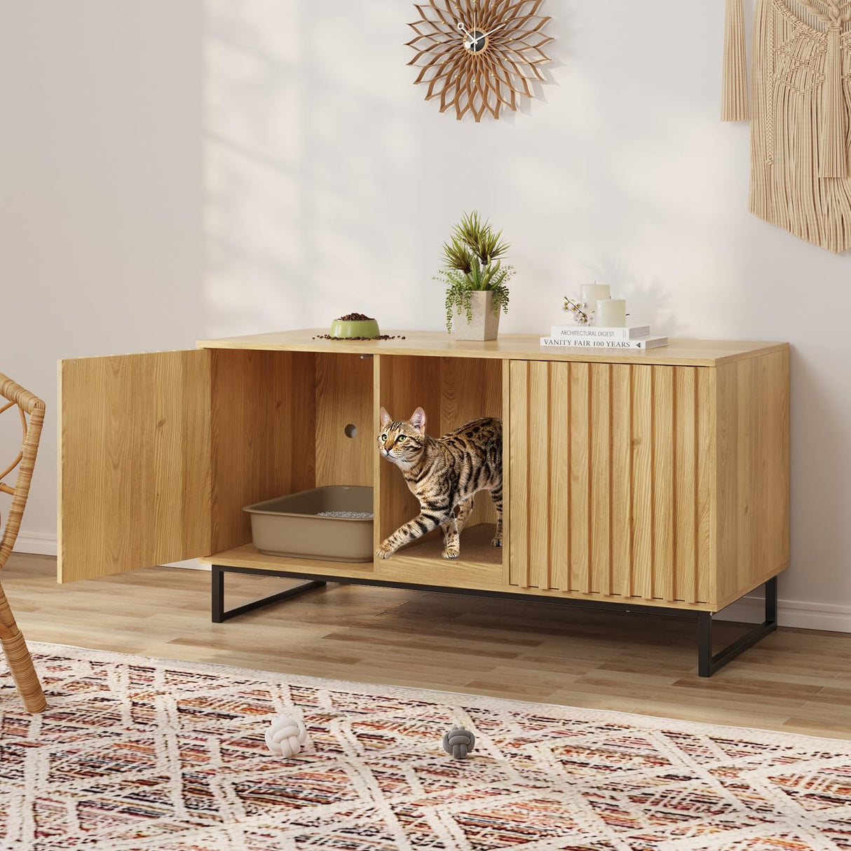 Fienveorn Cat Litter Box Enclosure for 2 Cats, 47.6’’ Litter Box Furniture Hidden with Cat Scratch Pad, Double Room Large Cat Cabinet, Indoor Cat House TV Stand Side Table,Cat Washroom Halitaa