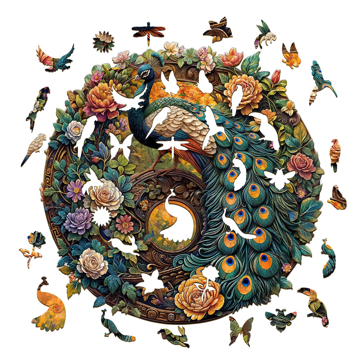 Jigfoxy Wooden Puzzle for Adults,Yin Yang Peacock Wooden Jigsaw Puzzles for Adults, Unique Animal Shape Wood Cut Puzzles for Family Friend Puzzle Lovers(M-11.4 * 11.3in-200pcs) Jigfoxy