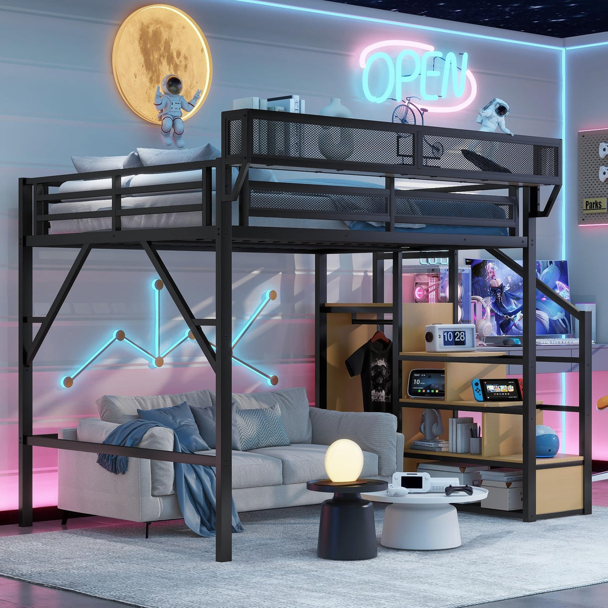 Aurnienofus Queen Size Loft Bed with Stairs and Storage, Metal Loft Bed Frame with Bedside Shelf and Large Under-Bed Space, Heavy-Duty Beds for Adults Teens and Kids, Black Aurnienofus