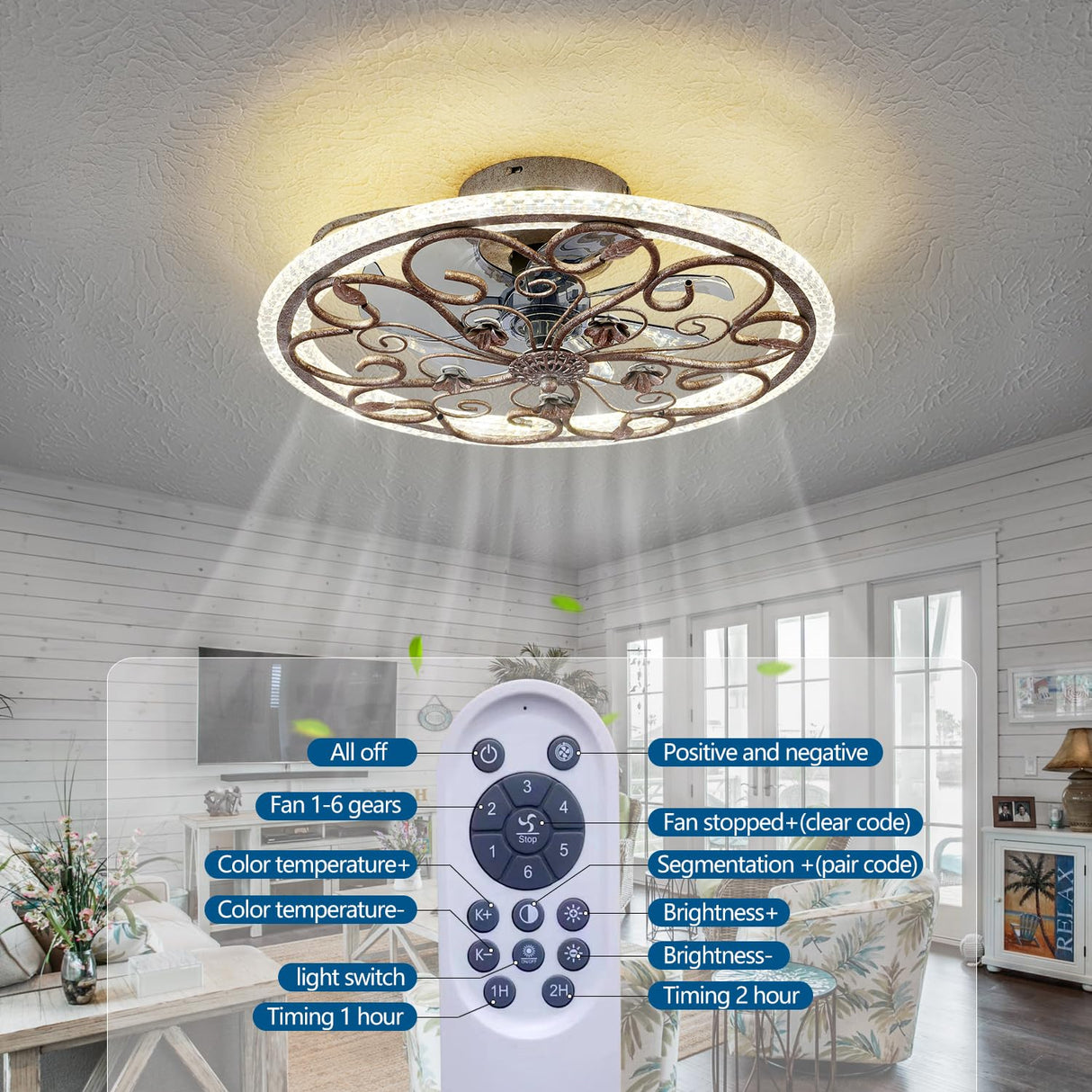HuixuTe Rustic Caged Ceiling Fan with Lights Remote Control, Retro Industrial Ceiling Fan with Light for Kitchen Bedroom Living Room HuixuTe