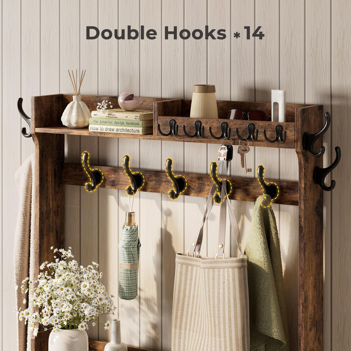 Vantic Farmhouse Hall Tree with Shoe Storage Cabinet, 14 Coat Hooks & 6 Tier Organizer, Rustic Brown Vantic