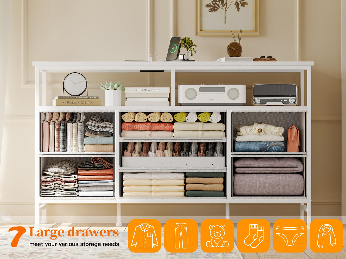 Fixwal 55 Inch Dresser TV Stand with Power Outlets and LED Lights, White Long Dresser for Bedroom with 7 Fabric Drawers, Large Dresser TV Stand for Up to 65 Inch TV, Chest of Drawers for Bedroom White Fixwal