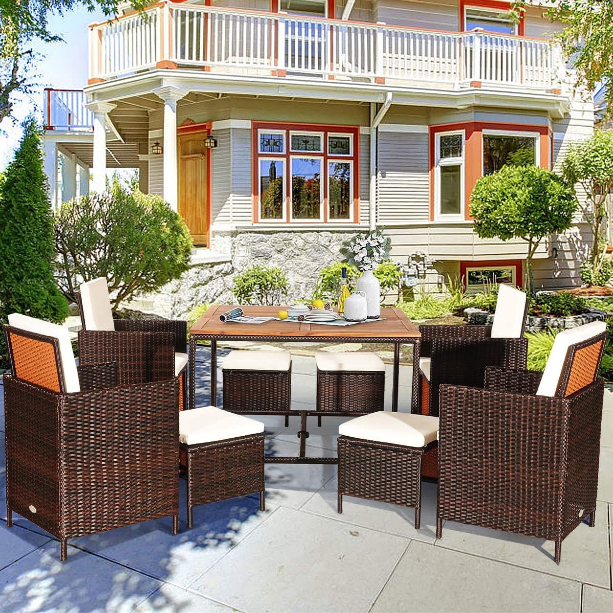 HAPPYGRILL 9-Pieces Patio Dining Set Outdoor Dining Furniture Set with Cushioned Seating, Space-Saving Dining Table with Acacia Wood Tabletop Rattan Wicker Chair and Ottoman Sets for Backyard Garden HAPPYGRILL