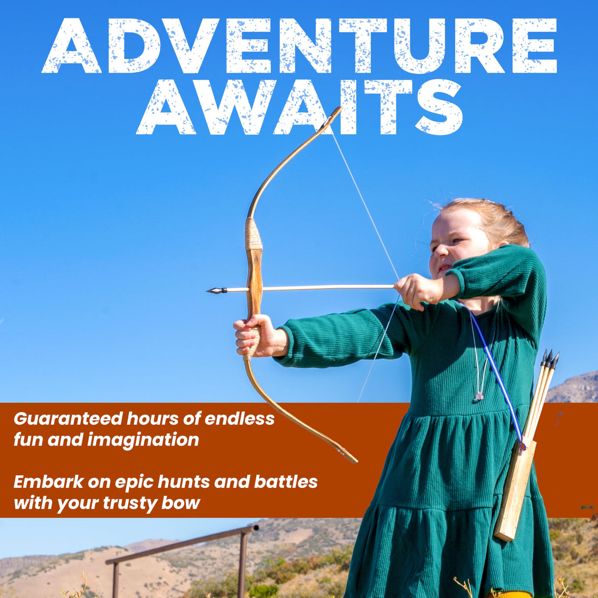 Adventure Awaits - 2-Pack Handmade Wooden Bow and Arrow Set - 20 Wood Arrows and 2 Quivers - for Outdoor Play Adventure Awaits!