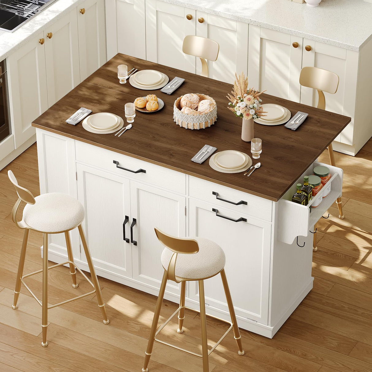 RALGEND Kitchen Island with Power Outlet & Drop Leaf, Rolling Storage Cart with Trash Storage Cabinet,Farmhouse Mobile Island Table for Kitchen, Dining Room, Hidden Casters, White and Walnut RALGEND