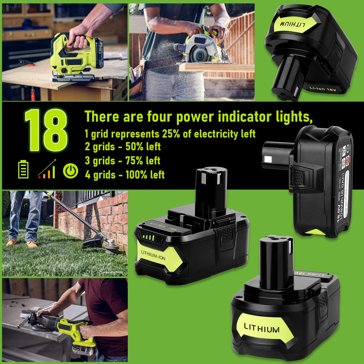 Jialitt 6.0Ah 18V P108 Battery Li-ion Replacement Compatible with Ryobi 18V Battery Ryobi ONE+ P108 P102 P103 P104 P105 P107 P109 P122 Cordless Power Tools Battery with LED Indicator Jialitt