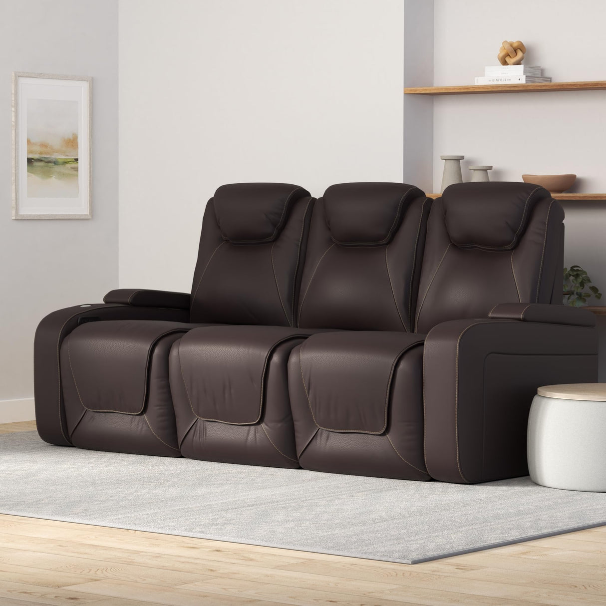 Seatcraft Vienna Home Theater Seating - Living Room - Italian Leather - Power Recline - Power Headrest - Powered Lumbar - AC USB Charging - Cup Holders - (Sofa with Fold Down Table, Brown) Seatcraft