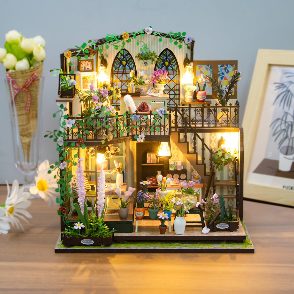 PANZIYU DIY Miniature House Kit, Fairy Dollhouse for Adults to Bulid,Tiny Home Making Kit with Wooden Furniture and LED, Halloween Decoration for Family and Friends (Darcy Flower House) PANZIYU